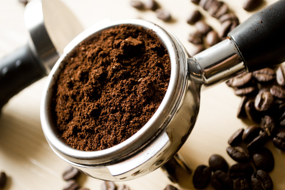 Coffee grounds for espresso in portafilter