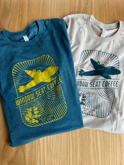 Heather deep teal and heather dust window seat coffee t-shirts